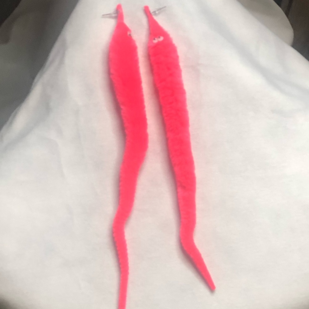 Handmade hot pink worm on a string dangle drop earrings fun weird jewelry